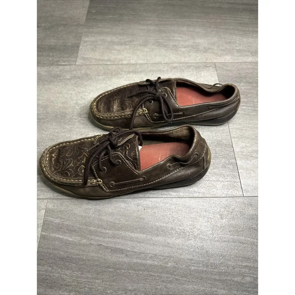 Twisted X Embossed Tooled Leather Driving Loafer Boat Shoes WDM0070 Women 8M